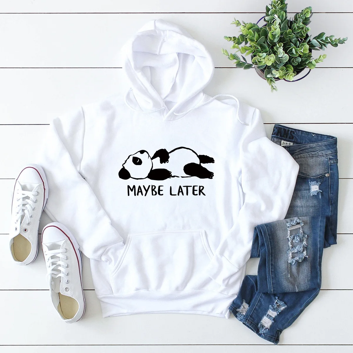 

Fall Winter Women's New Trend Cute Panda Print Hooded Sweatershirts Ladies Casual MAYBE LATER Letter Fanny Cartoon Tops Clothes