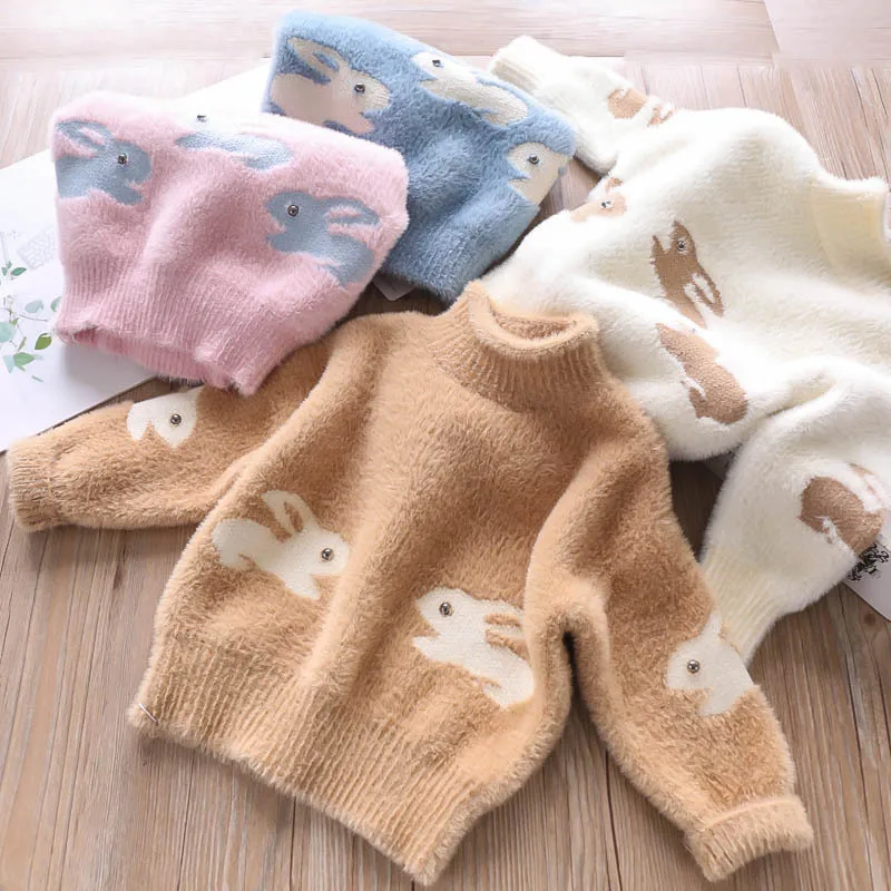 Свитера для девочек с мультяшным Кроликом зимние вязаные пуловеры милыми