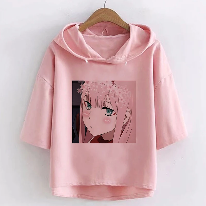 

Darling In The Franxx Anime Zero TWO Cute Crop Top Women T Shirt Kawaii Clothes Hooded Top Harajuku Manga Oversized Tshirt Femme