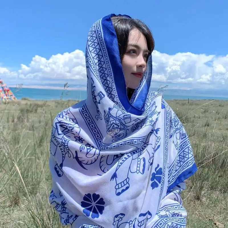 Женский Осенний ретро-шарф шаль синий красный кешью цветок для защиты от солнца