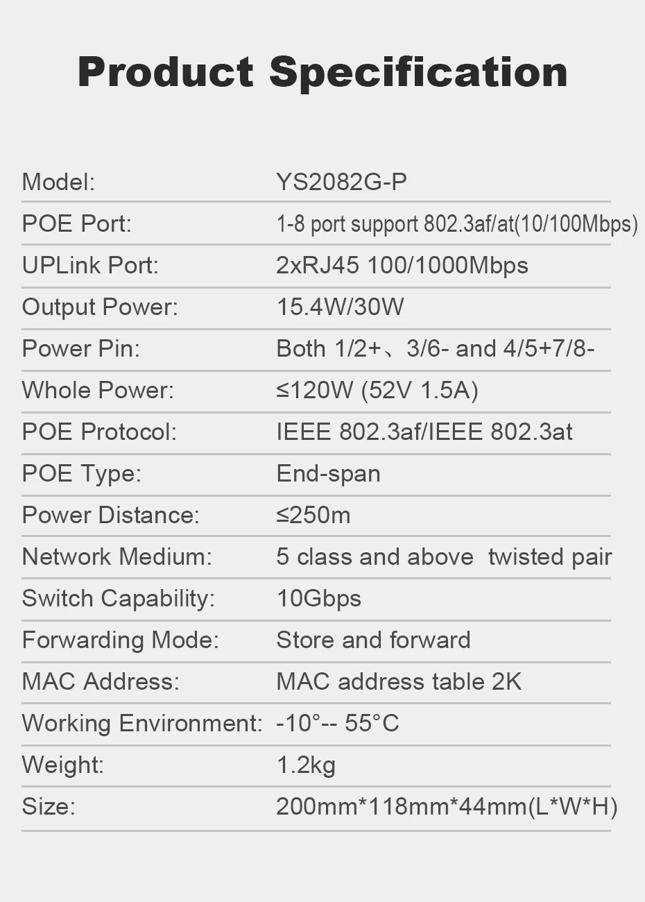Коммутатор YuanLey с 8 портами PoE, 2 канала связи Gigabit, PoE Plus 802.3af/at, встроенная мощность 120 Вт, Vlan до 250 м, металлический разъем Plug& Play Networ
