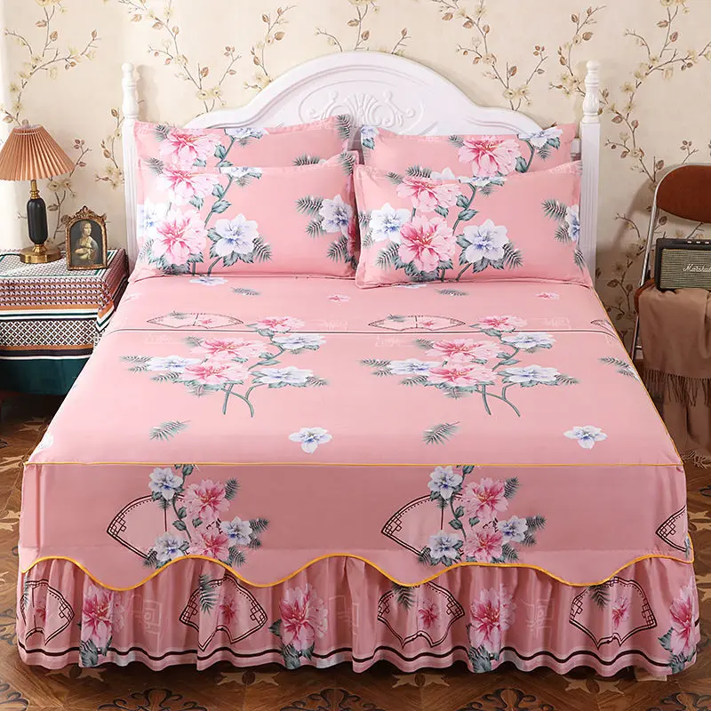 

Home 3 Pcs Comforter Bedding Sheets Bed Spreads with Skirt Bed Linen Printing Fitted Bed Sheet Mattress Cover with Pillowcases