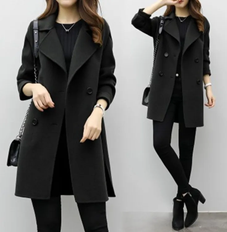 

Women Woolen Coat 2019 Autumn Winter New Double-breasted Long Sleeve Loose Coats Turn-Down Collar Outwear Plus Size