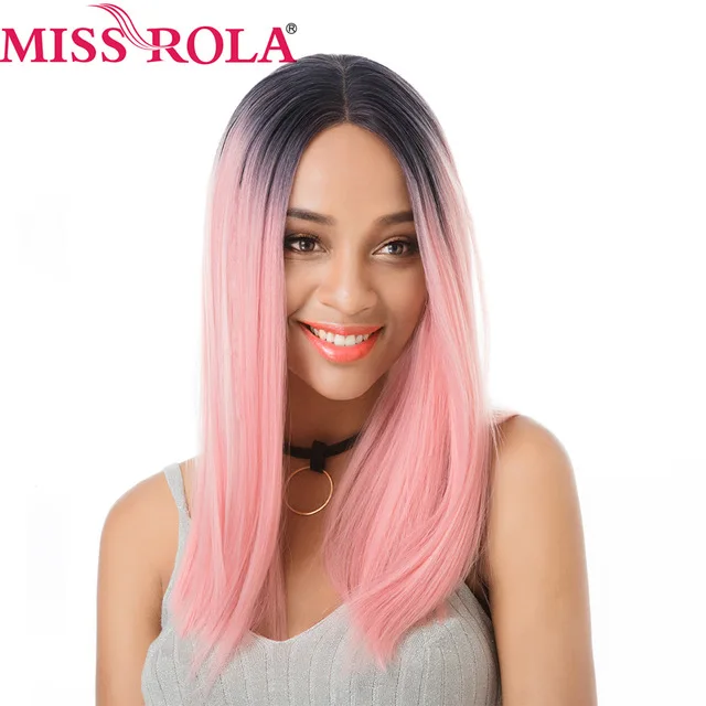 

Miss Rola lace front synthetic wigs Middle Part Bob Wig For Women Ombre Black Blue Color Ombre Black Olive Women Wig