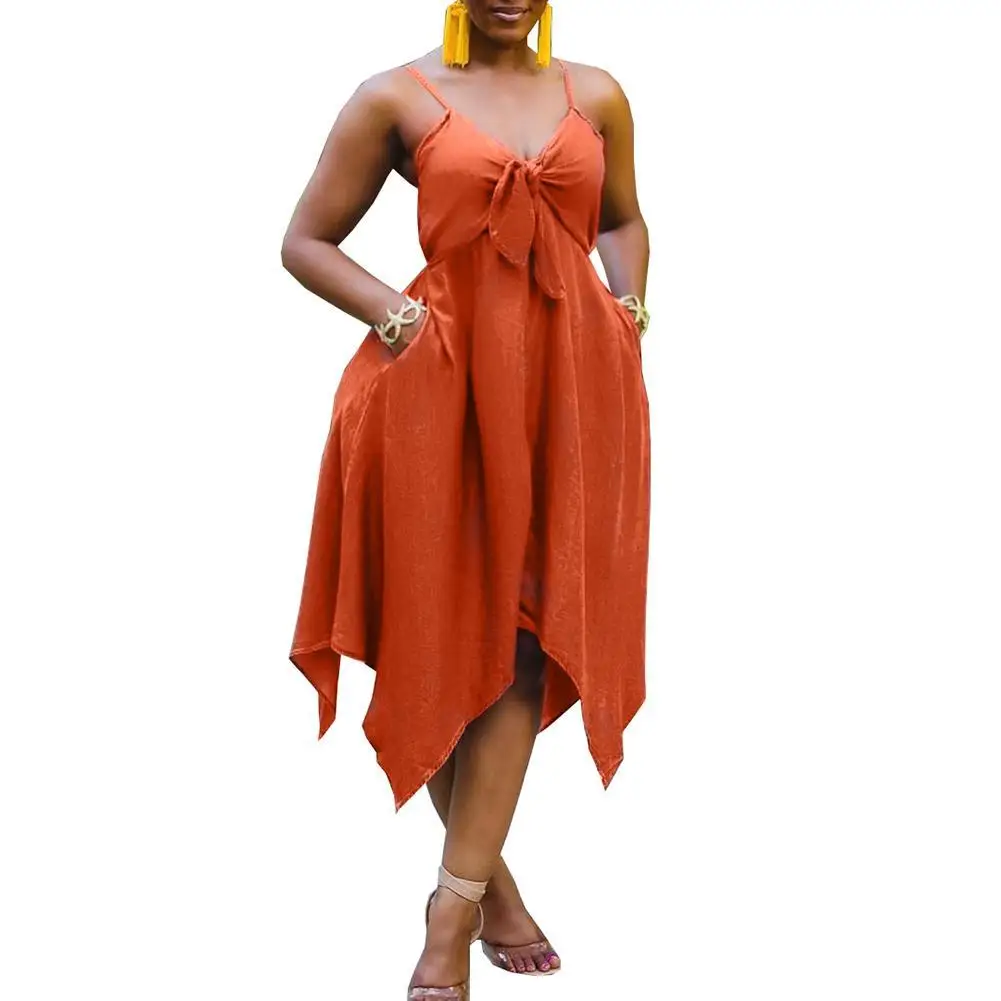

Women Sexy Dress Sleeveless Solid Color V-neck Mid-Calf Dress Irregular Hem Spaghetti Strap Midi Dress for Summer