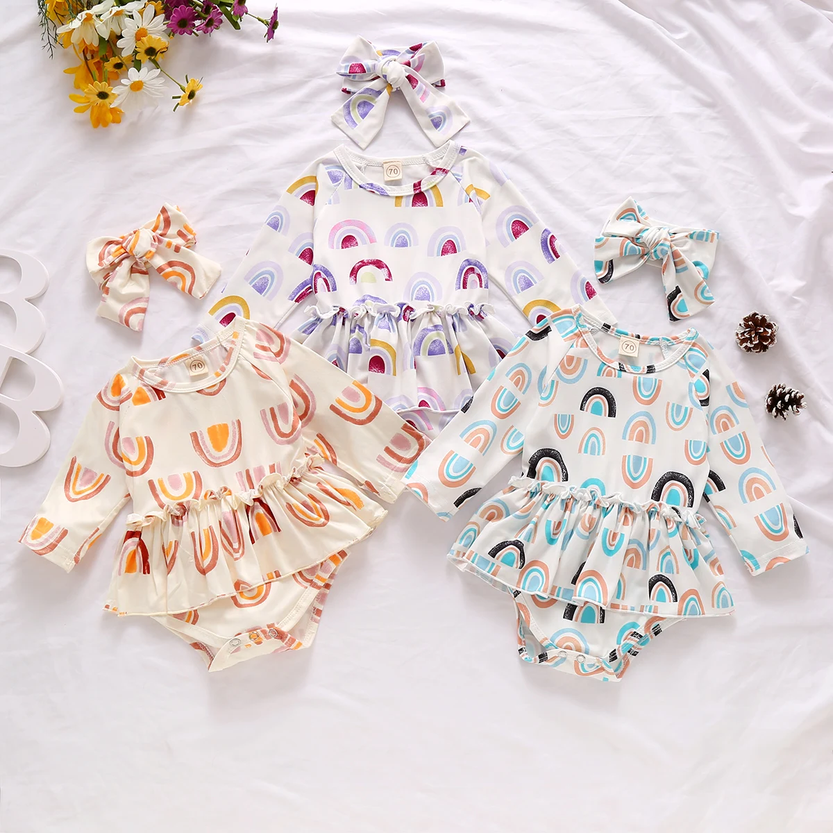 Детский комбинезон с радужным рисунком круглым вырезом и длинным рукавом|Боди