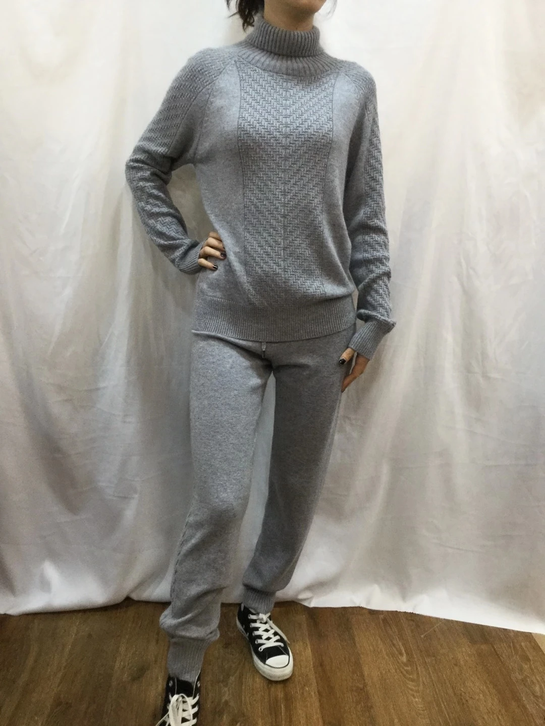 

Новинка 2020, Зимний вязаный кашемировый костюм, Модный пуловер с высоким воротником, свитер, однотонные повседневные брюки, женские штаны и 2 ...