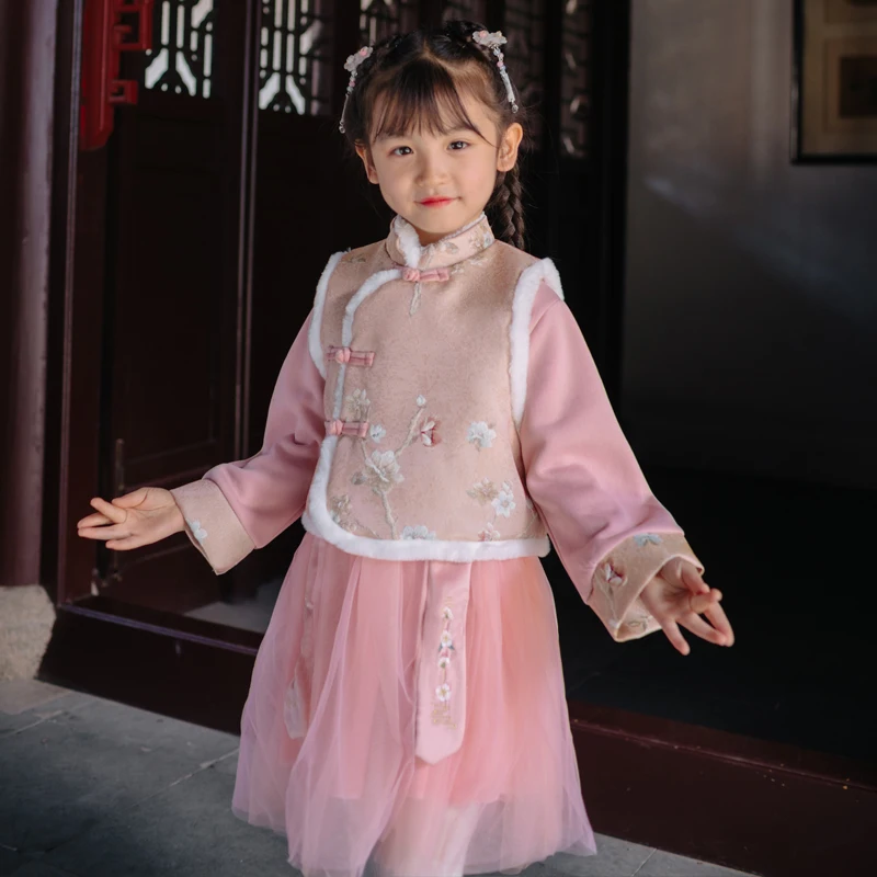 

Traditional Chinese Jacket Dress Costumes Hanfu For Girls Ancient Retro Tang New Year Suit Winter Cheongsam Kimono Toddler Cloth