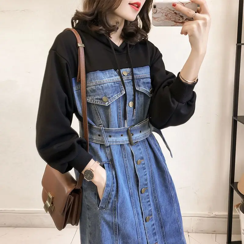 

2021 New Spring Autumn Women Jackets Patchwork Denim dress belt Streetwear Outwear Vintage Casual Long Jean Jacket Female Coat