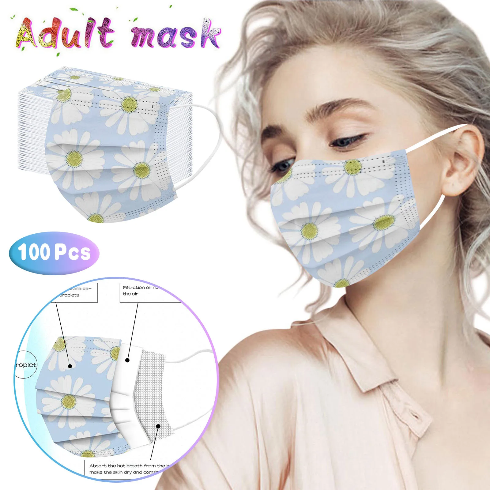 

Маски трехслойные для взрослых, 100 шт., защитная Пылезащитная одноразовая мультяшная маска, Mascarilla, дышащее украшение Вечерние