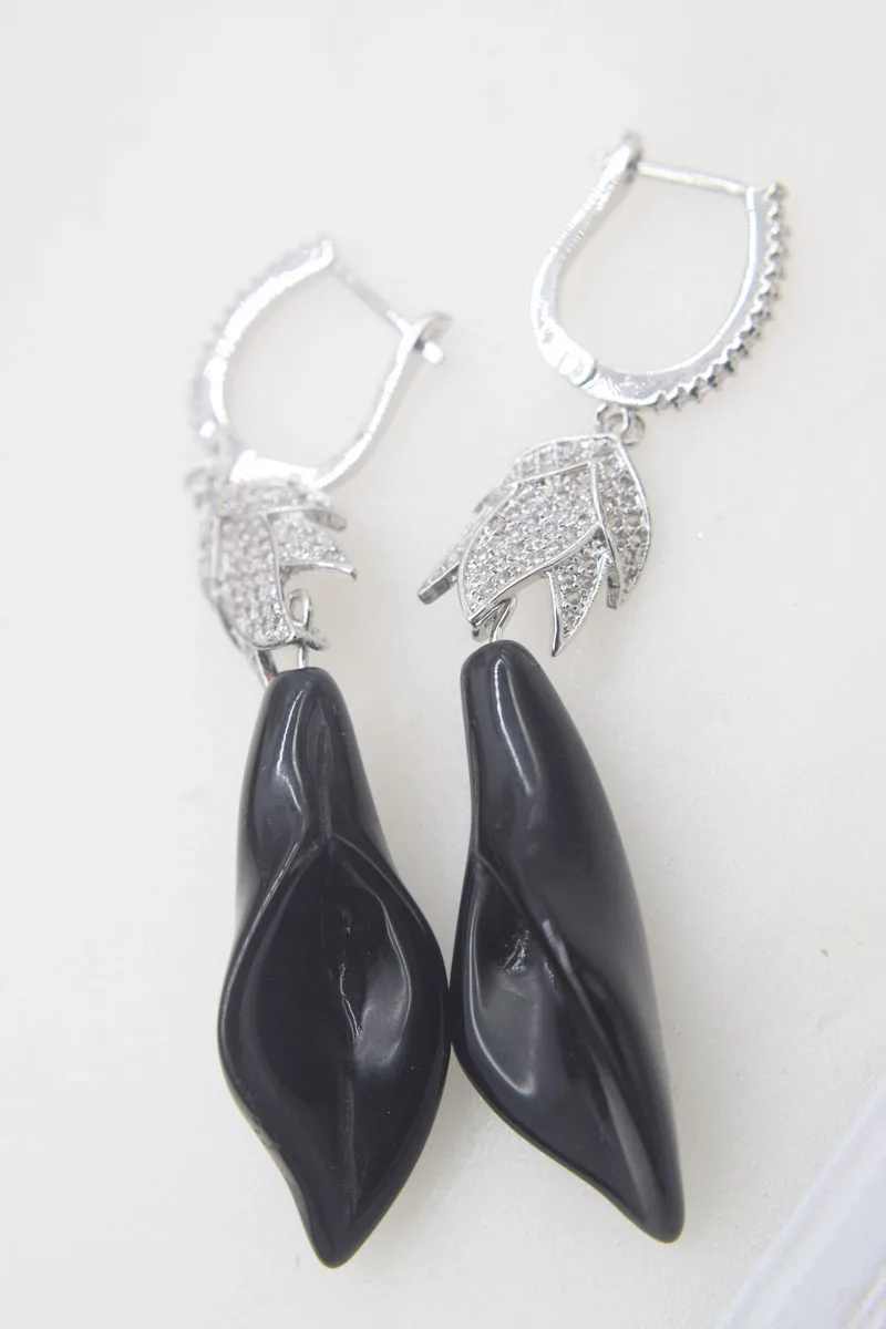 

one pair black agate carved flower hook earrings wholesale beads FPPJ
