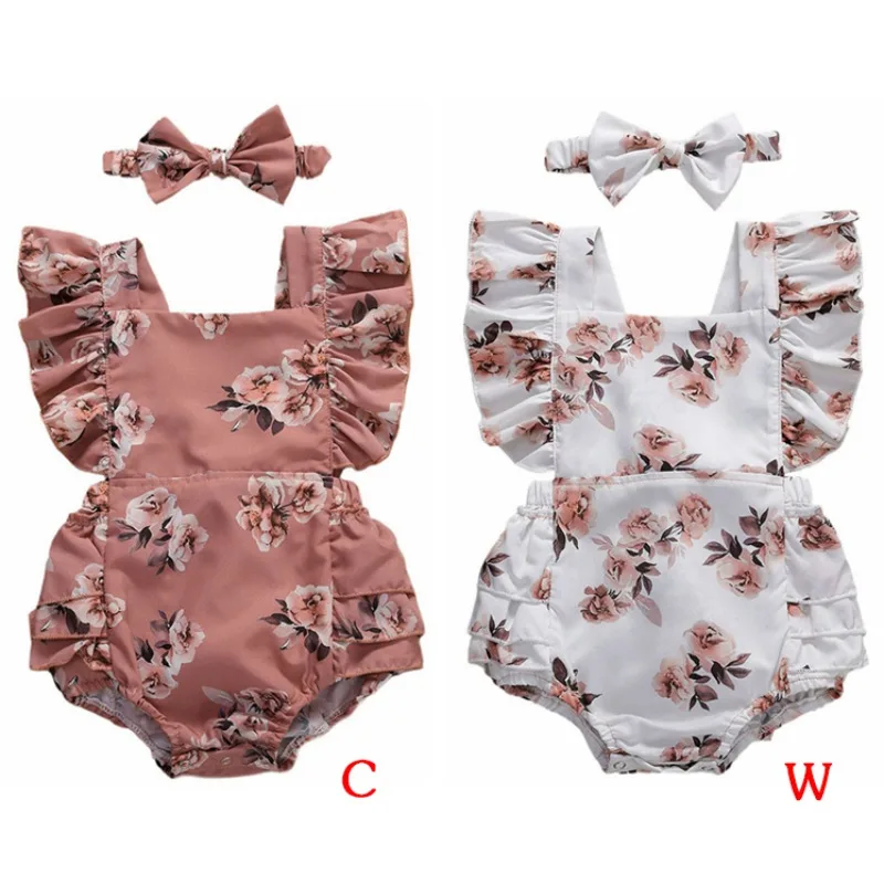 

Summer Baby Casual Romper Set Newborn Baby Clothes Toddler Girl Cotton Infant Backless Flare Sleeve Bodysuit+Bowknot Headband