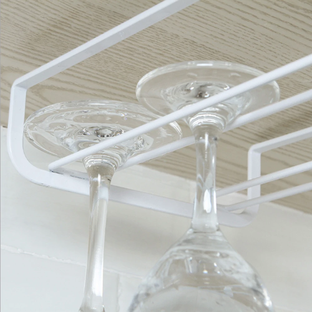 

Kitchen Storage Metal White Under Cabinet Hanger Stemware Hanging Corner Wine Glass Holder Rack Bar With Double Row