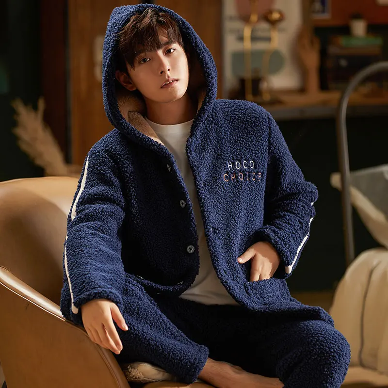 Winter New Coral Fleece Men Style Hooded Thick Flannel Warm Velvet Leisurewear Pajamas Set