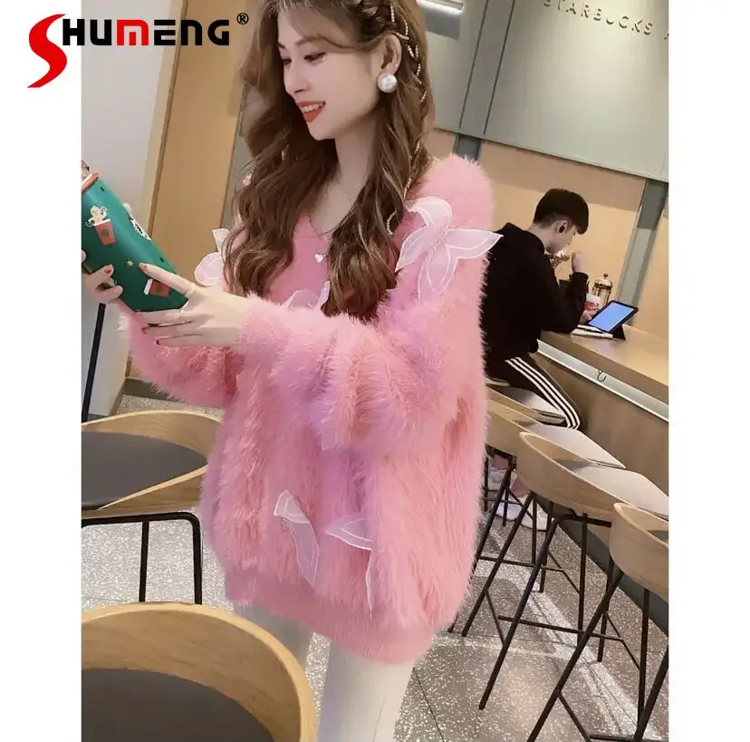 2021 Winter New Female Fashion Fairy Gentle Pullover Sweater Women's Lazy High-Grade Chic Streetwear Thick Mink Bow Knitted Top