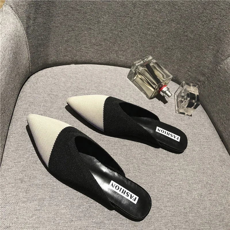

New Slippers Women Fashion Knitting Pointed Women Half Slides Mules Loafers Slipper Female Summer Shoes Flat Sandals