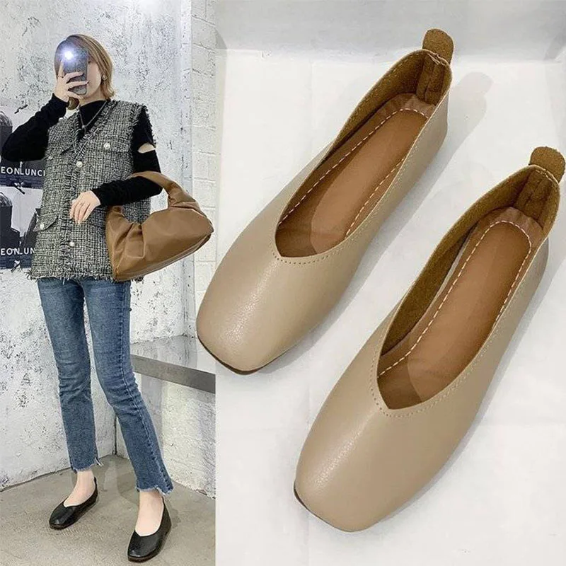

New Spring Flats Shoes Women Wooden Low Heel Ballet Square Toe Shallow Brand Shoe Slip On Loafer zapatos de mujer big size 35-41