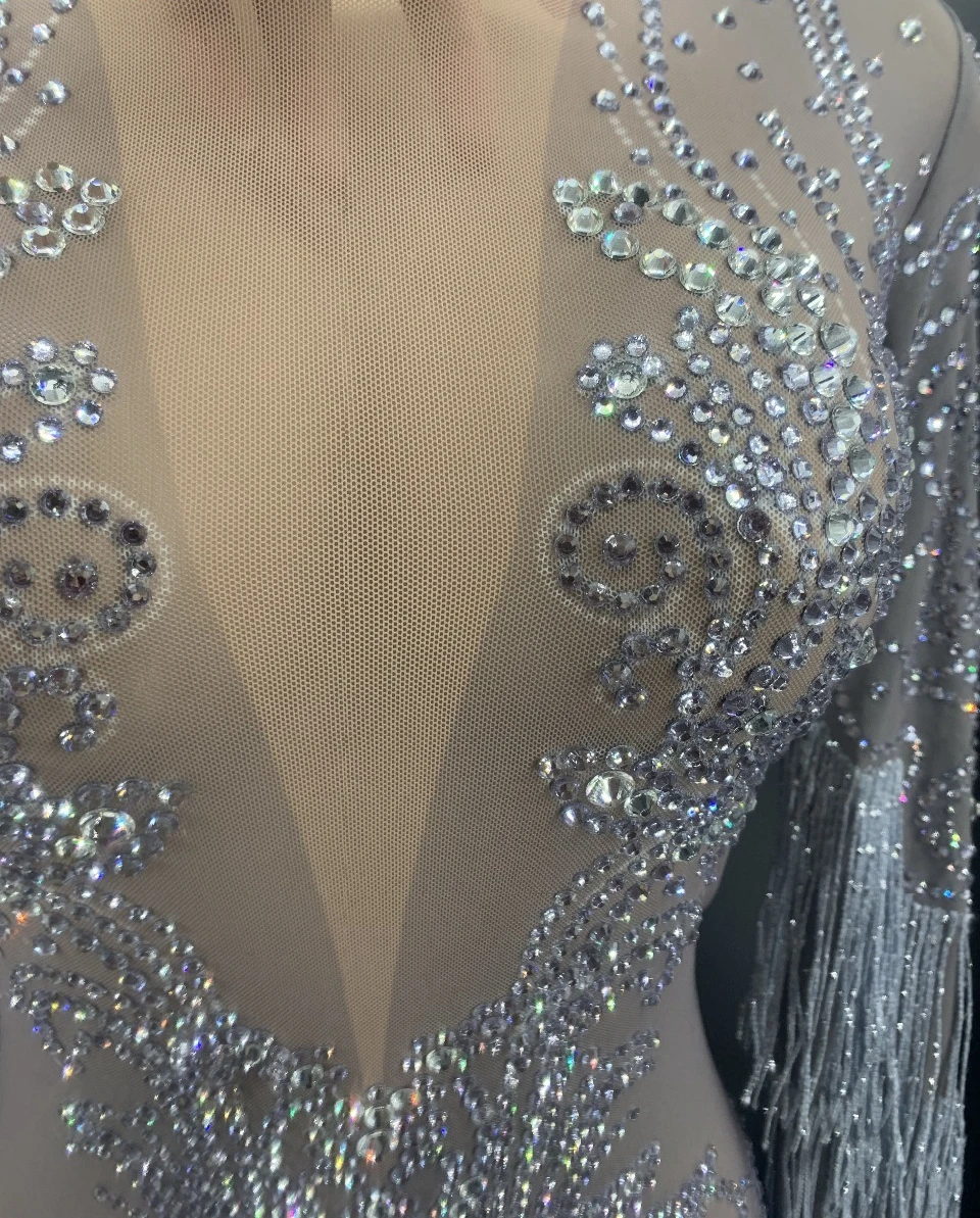 

Silver Rhinestones Fringes Dress Women Prom Evening Birthday Party Dress Performance Singer Dancer Sexy See Through Mesh Dresses