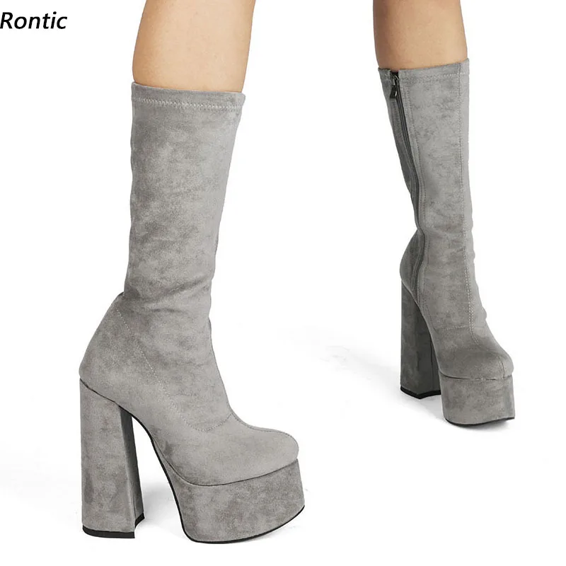 

Rontic Handmade Women Spring Mid Calf Boots Zipper Chunky Heels Round Toe Gorgeous Lake Blue Fuchsia Party Shoes US Size 4-13