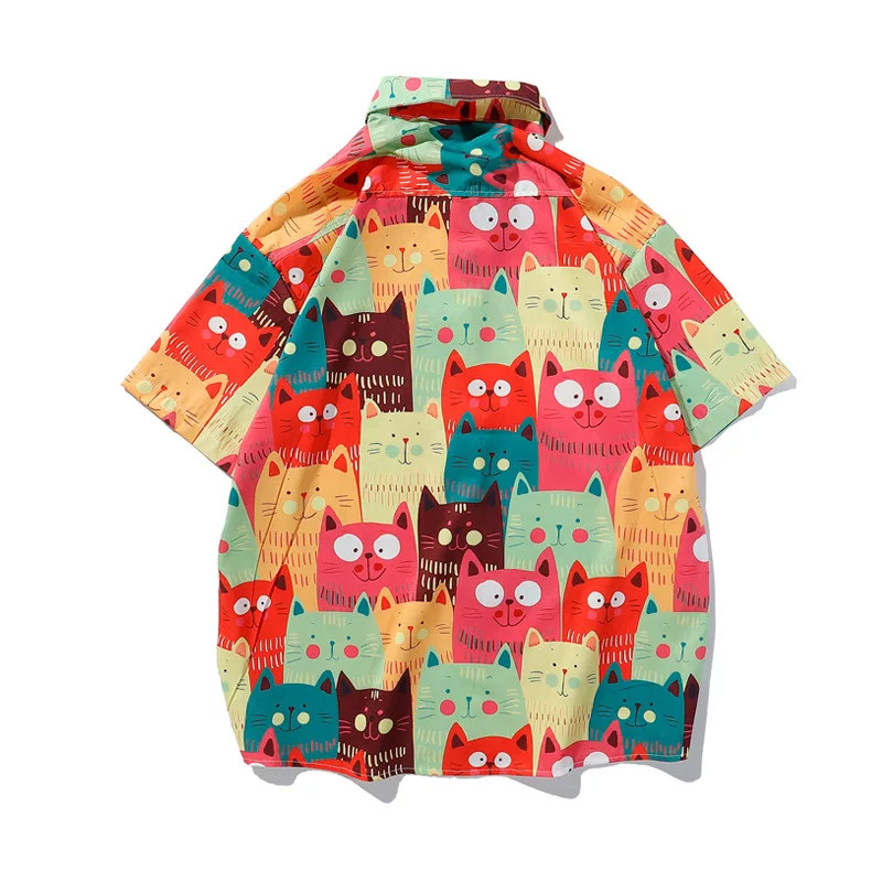 2021 Hawaiian Shirt Mens Multi-Color Cat Print Summer Loose Light Casual Short Sleeve Shirts