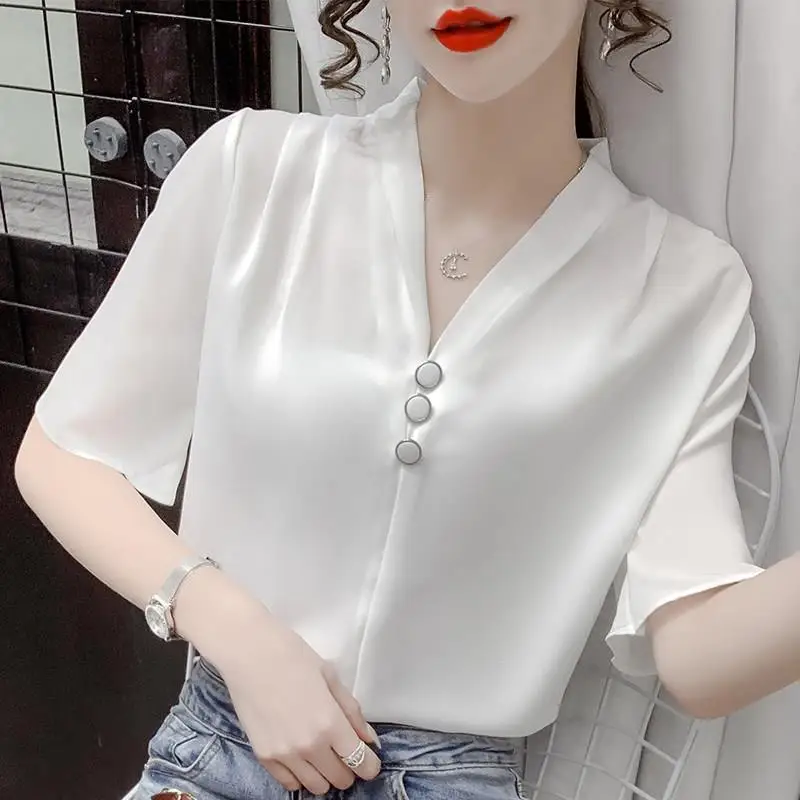 

Chiffon Blouse Women 2021 Summer Chiffon Shirts Blouse Tops Fashion Casual V-Neck short sleeve Blouses Light and breathable