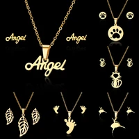 rinhoo stainless steel sets for women dancing girl angel footprints cross earrings necklace set girl wedding party jewelry gift