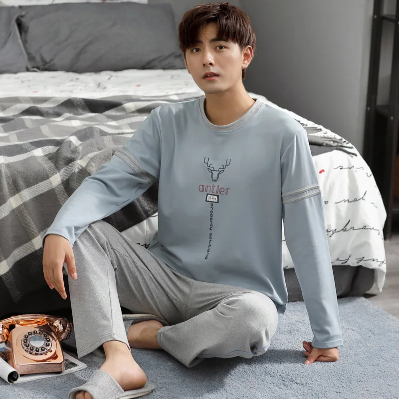 

Men's Pajamas Set Autumn Winter Pure Cotton Long Sleeve Trousers Round Neck Pullover Plus Size Youth Casual Letter Men's Wear