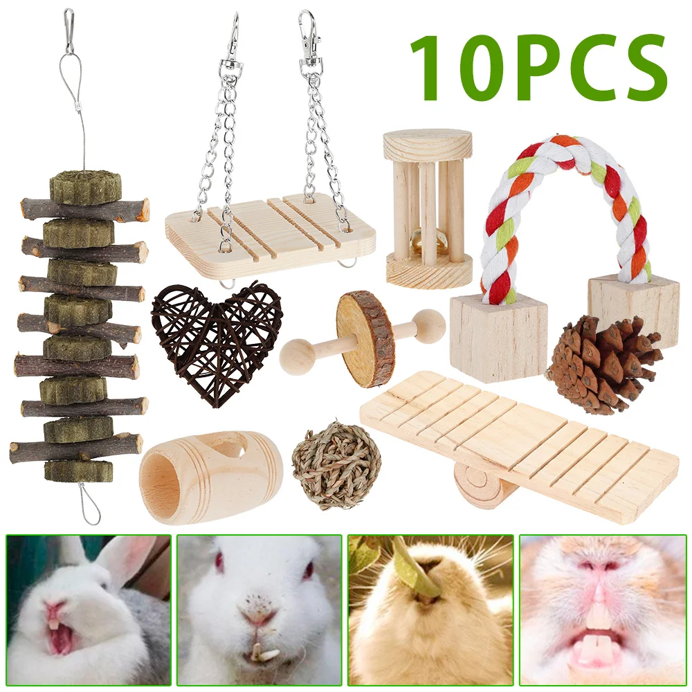 

10 PCS Pets Hamster Chew Molar Toys Set Pets Gerbil Rats Sports Play Exercise Wooden Toys Pet Swing Teeth Care Supplies