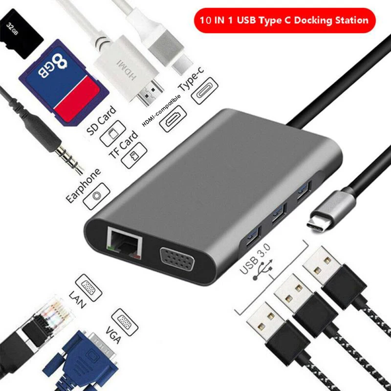 

Док-станция 10 в 1 с Usb-портами, Usb 3,0, 4K, VGA, RJ45