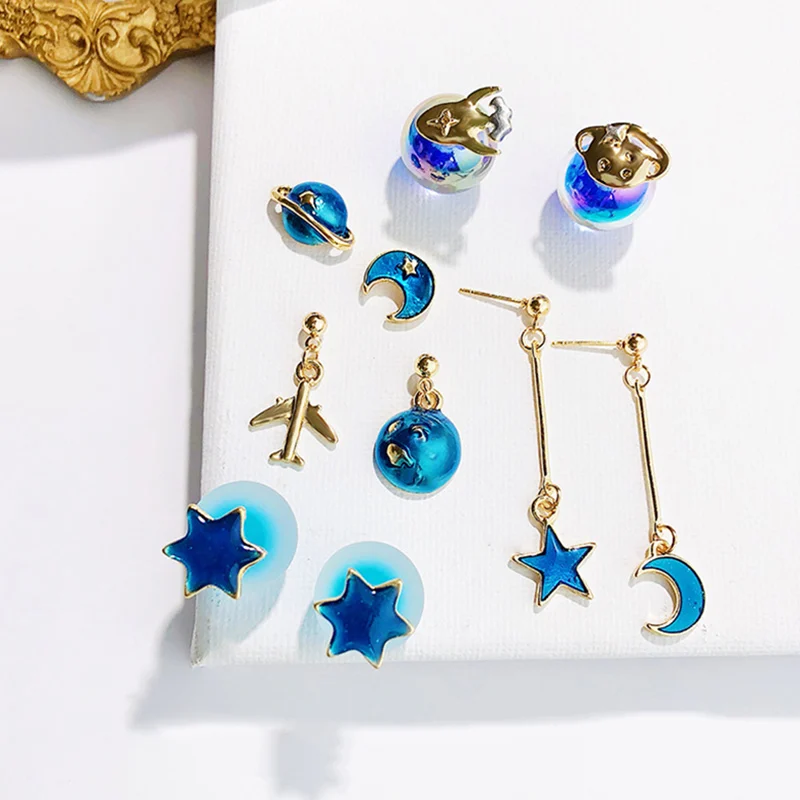 Женские серьги-гвоздики в виде Голубой планеты Луна и Вселенная |