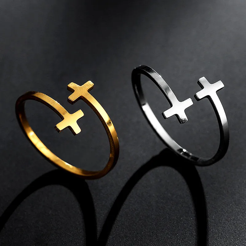 

Новинка, стильное регулируемое Открытое кольцо из нержавеющей стали с двойным крестом, подарок ручной работы для христианских женщин и муж...