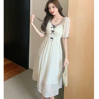 summer clothing french fashion print short sleeve female dress korean elegant square collar dress one piece women dress vestidos