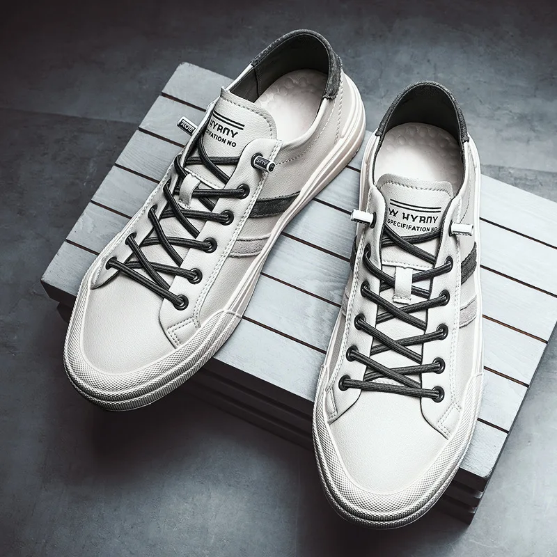 

Brand New Spring Summer Men Leather Casual Shoes Youth Lace-up Stripe Leisure Flat Shoes Fashion Sneakers