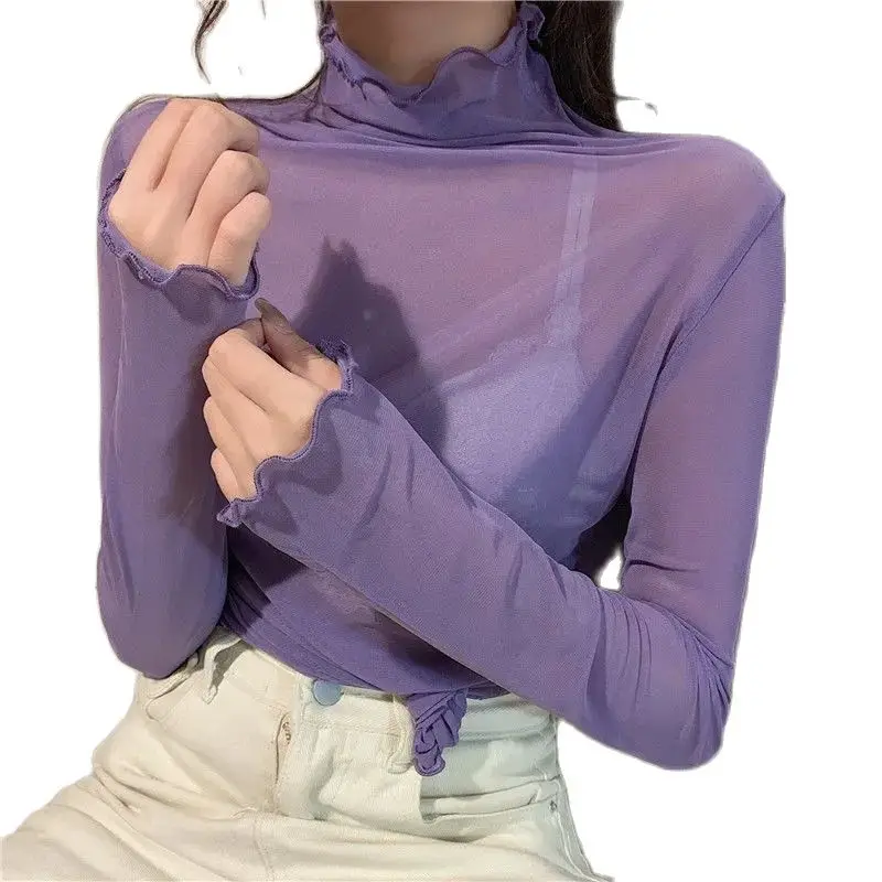 

2021 Autumn New Candy Color Mesh undershirt girl student high-necked wooden ear super-fairy top CY159