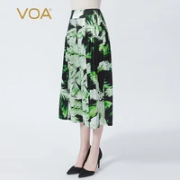 voa silk elastic satin natural waist printed fold loose breathable diagonal pocket ladylike wide leg pants ke553