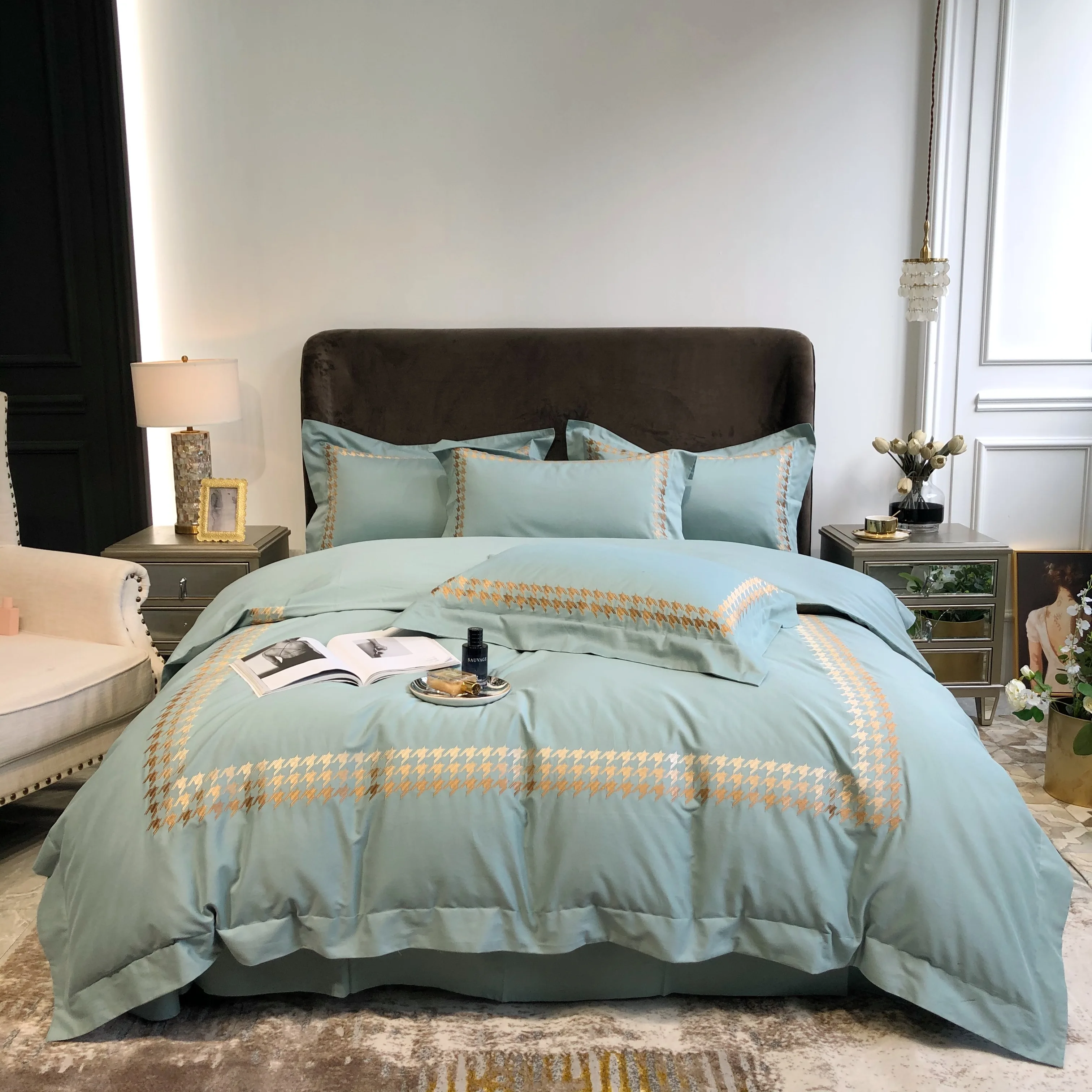 

2021 Real Soft Pure Egyptian Cotton Embroidered Bedding Set Duvet Cover Set Pillowcase Queen King Fitted Size Sheet Flat Bird