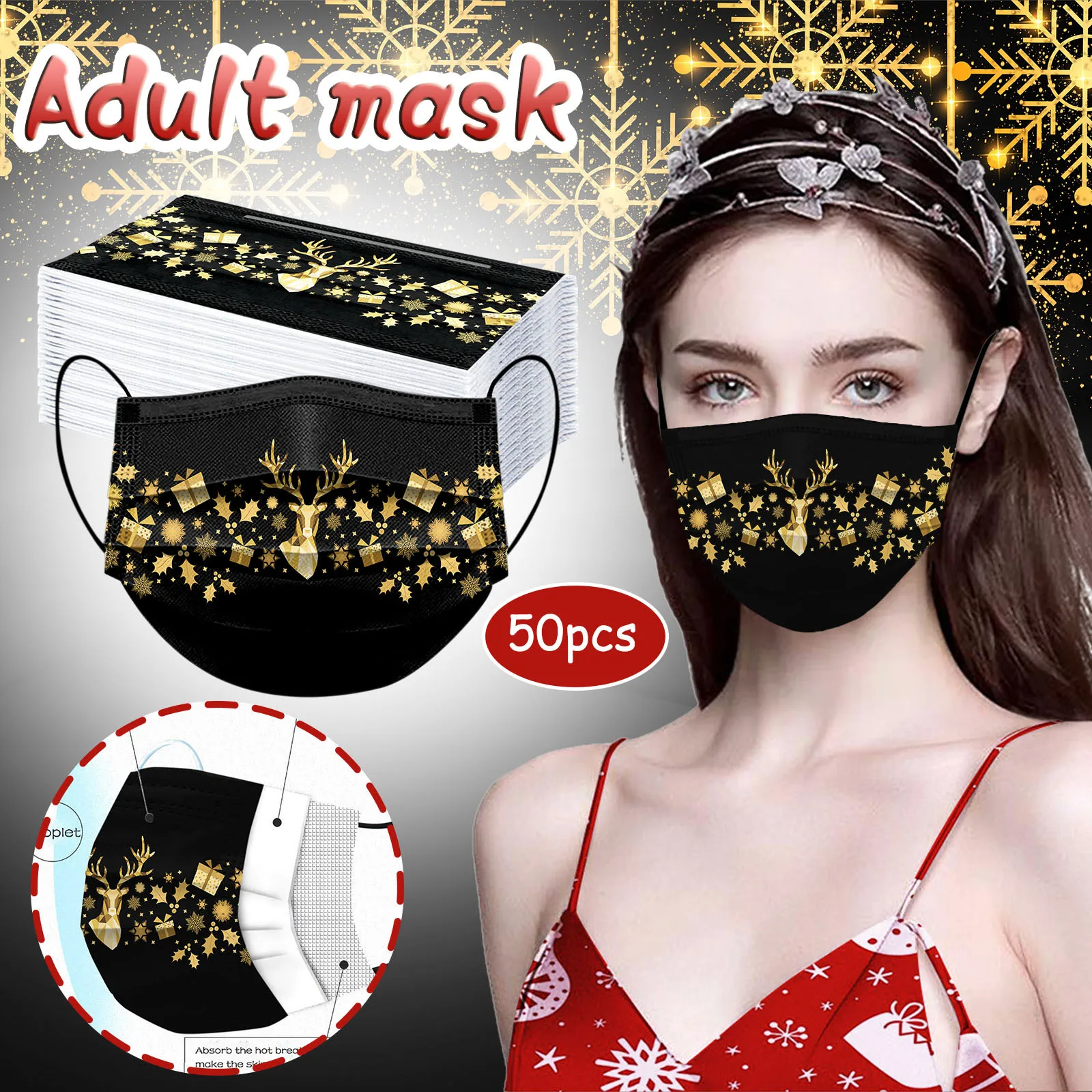 

50PC Cute Face Masks for Women Christmas Breathable Black Mask For Face 3 -layer Mascarillas Desechables Navidad Cosplay Masque