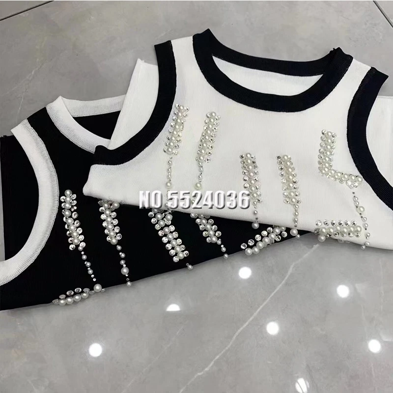 

Women Casual Tops Knitted Sleeveless Summer Tops O-Neck Sequin Tee Elastic Solid Tops For Women