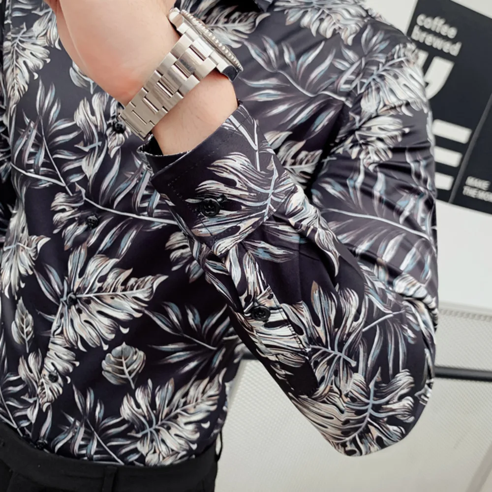 

New Brand 2019 Men Shirt Long Sleeve Shirt High Quality Streetwear Tops Leaves Print Casual Slim Fit Social Party Dress Shirts