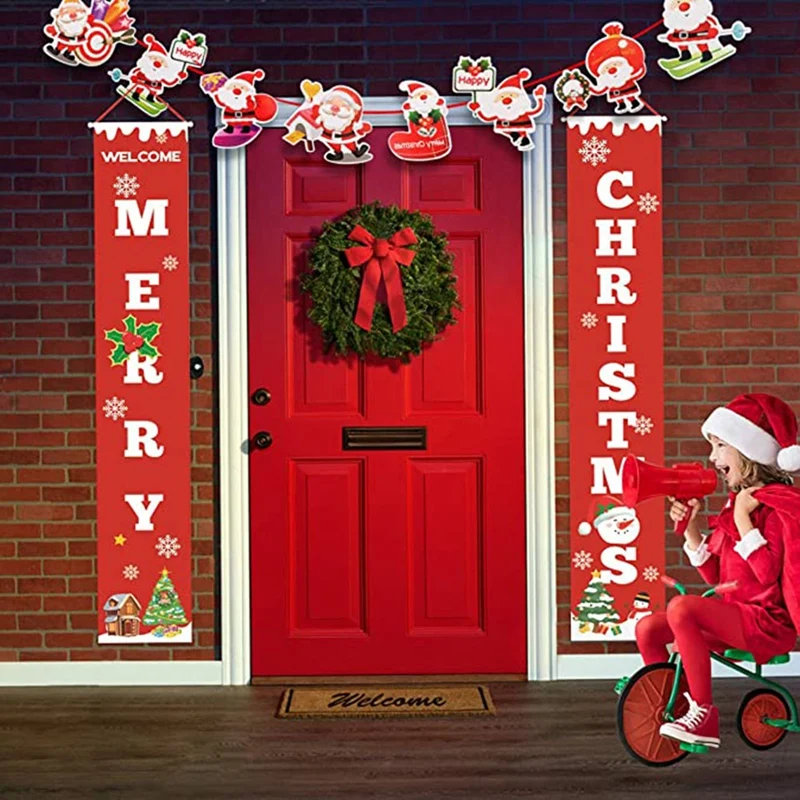 

Merry Christmas Banners,New Year Outdoor Indoor Christmas Decorations Welcome Bright Red Xmas Porch Sign Hanging
