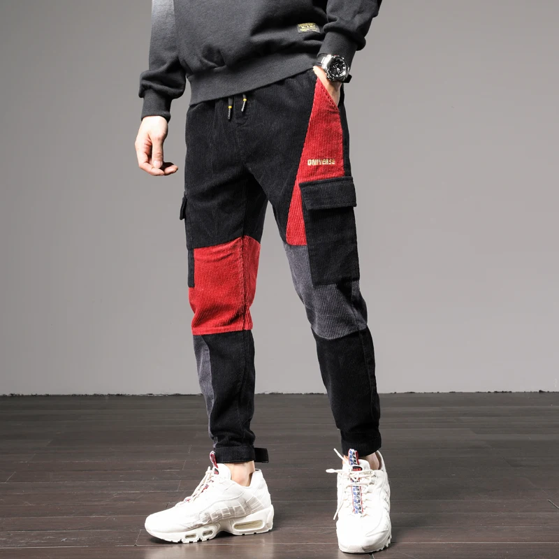 

men's streetwear loose fit cargo pockets patchwork spliced causal corduroy harem pants leisure baggy trousers pantalones for men