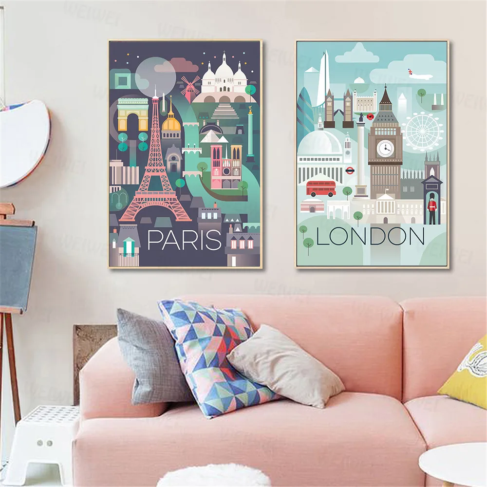 Картина на холсте Париж Лондон Атланта Флоренция мультфильм архитектура
