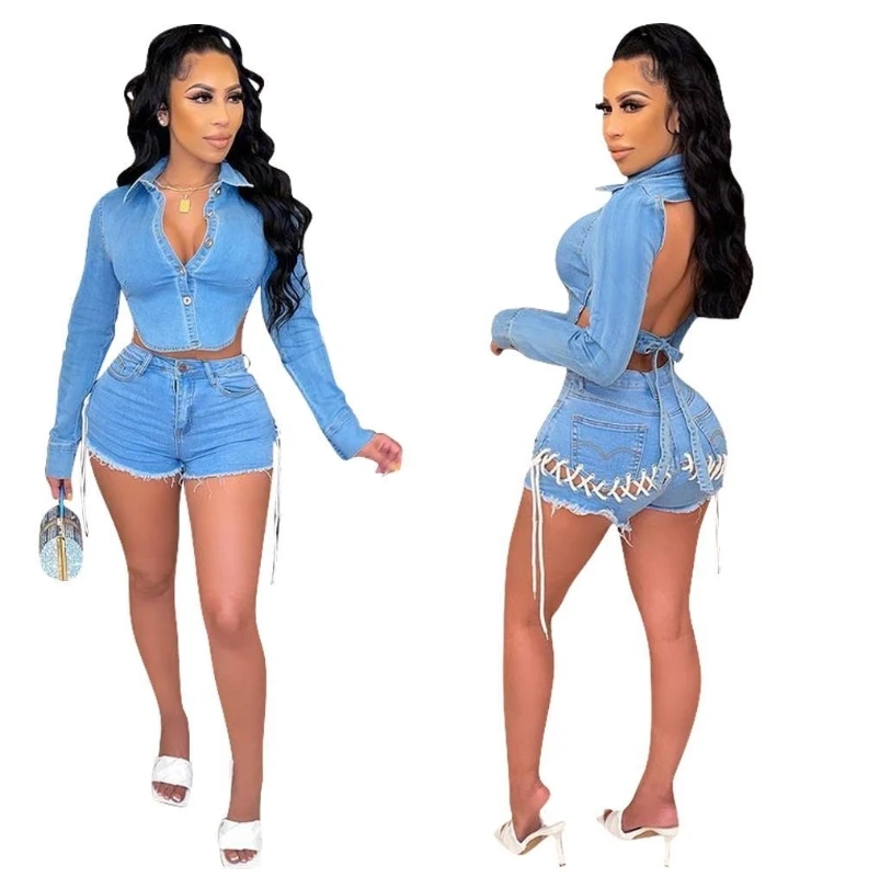 

Sylph Solid Two Piece Set Women Autumn Fashion Backless 2 Piece Sets Outfits Hollowed-out Denim Long Sleeve Shorts Suits New