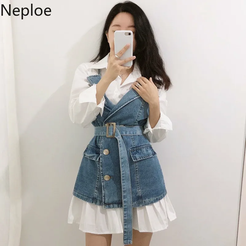 Шикарное белое платье рубашка Neploe с отложным воротником и длинным рукавом модное