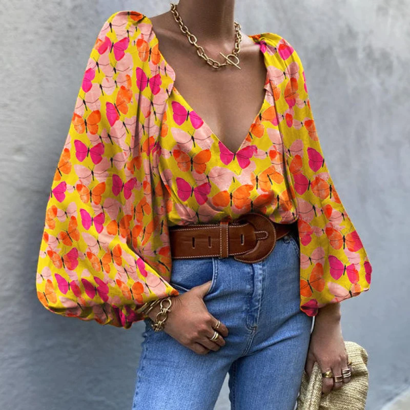 

Women Trendy Fashion Retro Butterfly Print Lantern Long Sleeve Pullover Deep V Neck Midi Tops for Women Blouse and Shirts