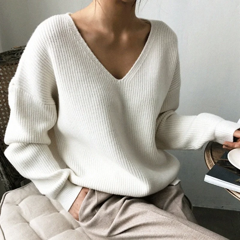 

Solid Women Sweater Fashion V-Neck Tops Casual Loose White Pullover Autumn Winter New Clothes Pull Femme7290