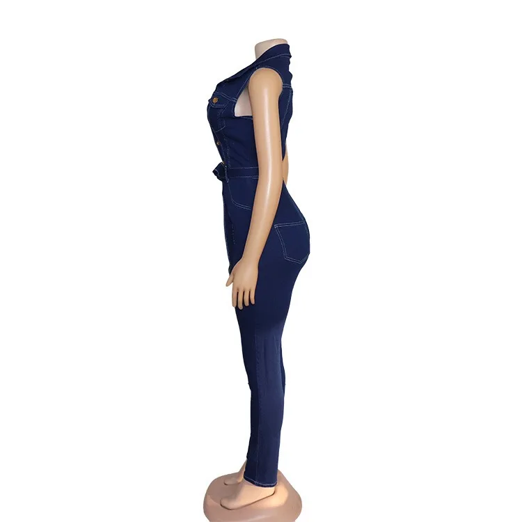 2020 Summer African Jeans Jumpsuits New African Sleeveless Single Breast Sheath High Waist Blue Fashion Work Office Jumpsuit Hot