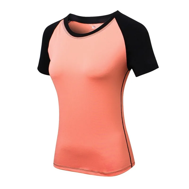 

Ladies Skinny Sports Tshirt Running Fitness Short Sleeve Training Quick Dry Elastic Tee Top Patchwork Color O Neck Clothing
