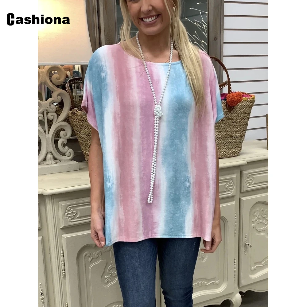 

Cashiona Plus Size Women Loose Basic Tops Short Sleeve Casual Spliced T-shirt 2022 Spring New Fashion Stripes Tees shirt Femme