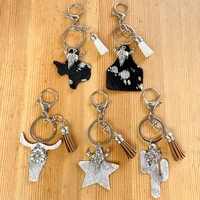 western jewelry cowhide hairy hide leather cow tag cactus keychains suede tassel charms key rings